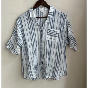 Garnet Hill 100% Linen Striped Button Up Top 12 Nautical Beach Resort Preppy